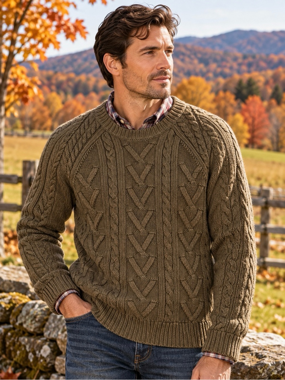 Express Men L Brown Cable Knit Crewneck Sweater 100% Cotton Fisherman Fall